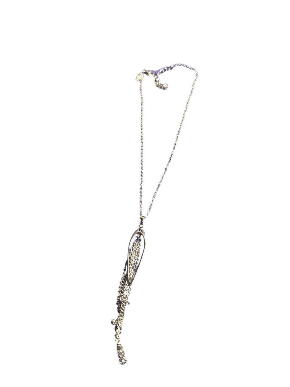 Lia Sophia Silvertone Open Teardrop Pendant Necklace Chain Fringe Tassel